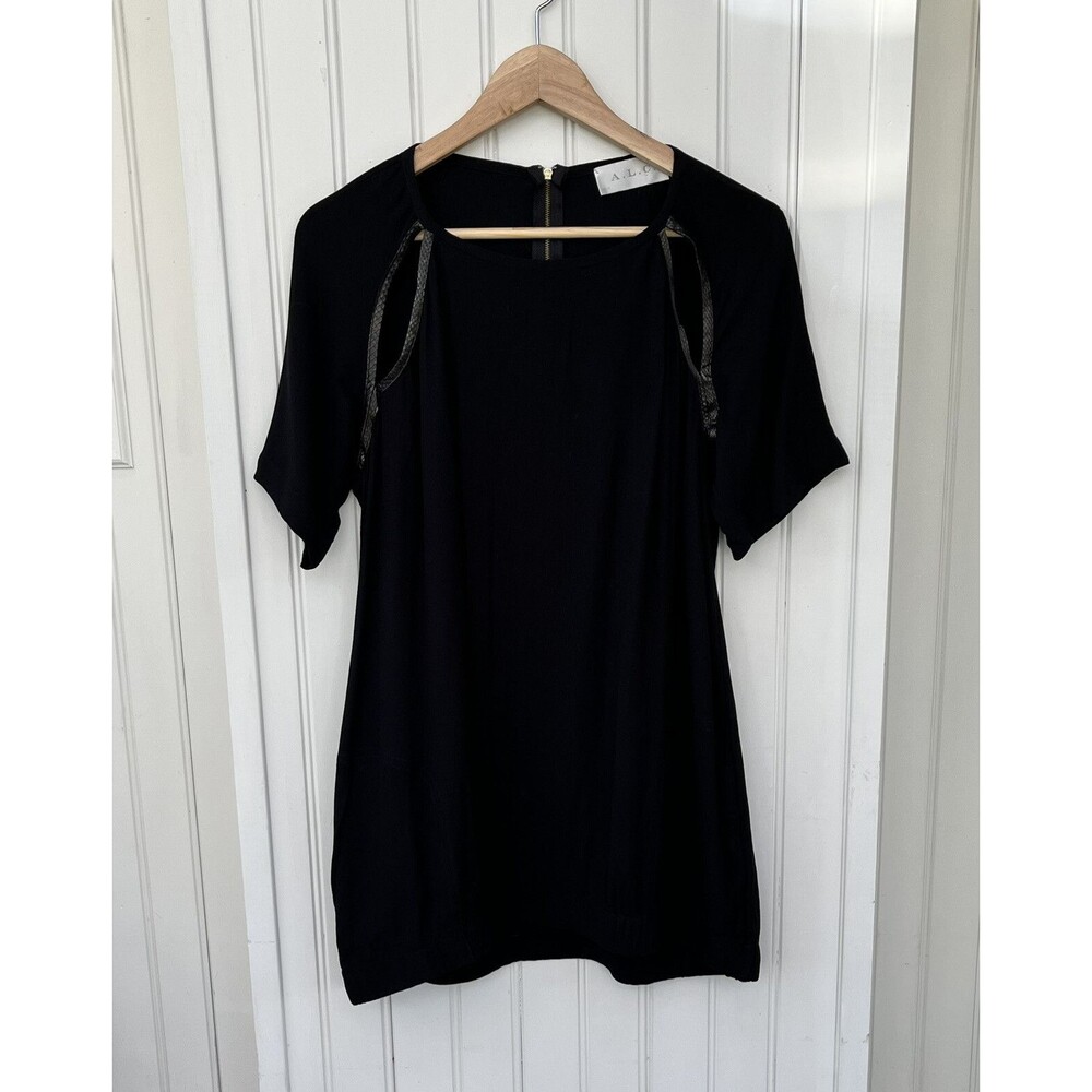 A.L.C.  Sz L Top Shirt Black Snakeskin Trim Viscose Short Sleeve Cutouts